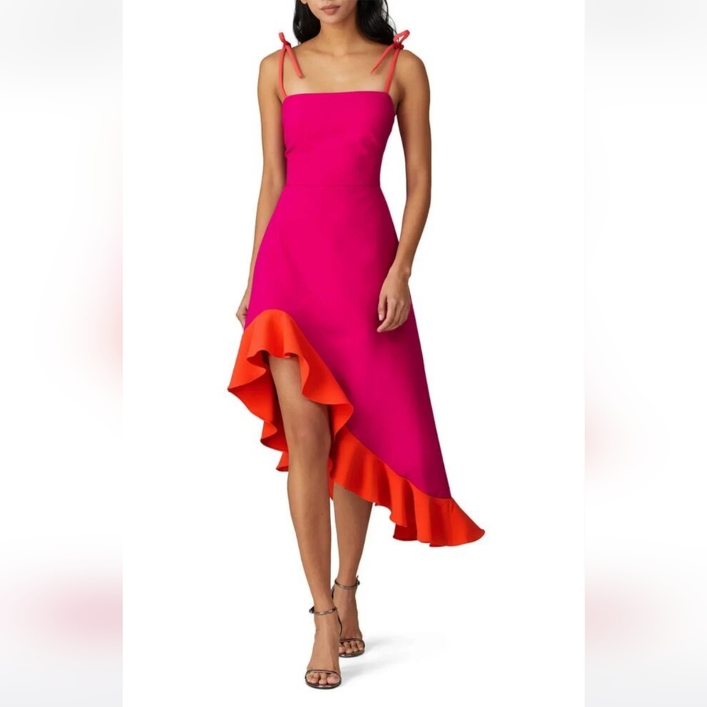 Christian Siriano - Asymmetrical Pink Shoulder Tie Midi Dress (Pink/Orange)